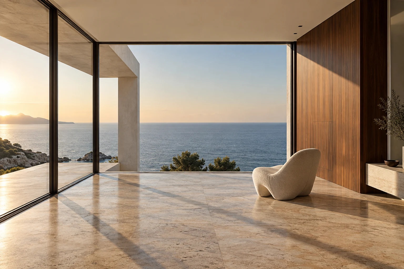 Still House, warm walnut and travertine interior